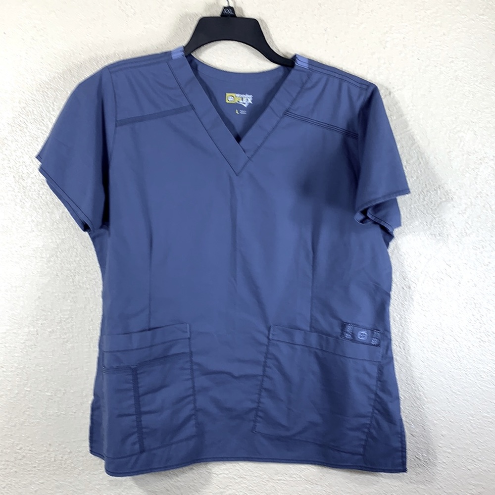 Wonder Flex Nurse Scrub Top Blouse Blue L Pockets Short Sleeve Pullover